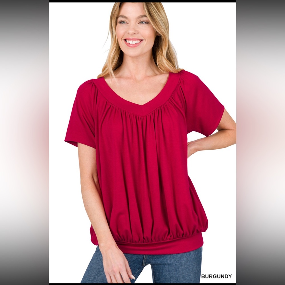 Z4—V-NECK SHORT SLEEVE SHIRRING TOP